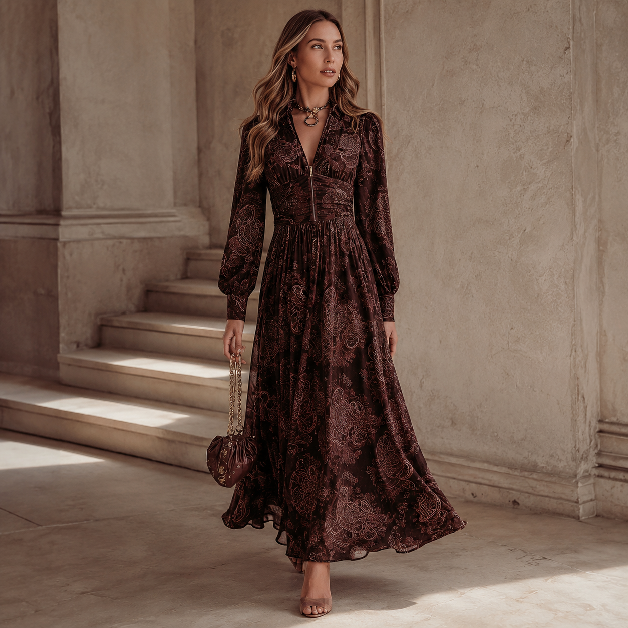 Ariane™ | Vestido maxi con estampado paisley y realce en la cintura
