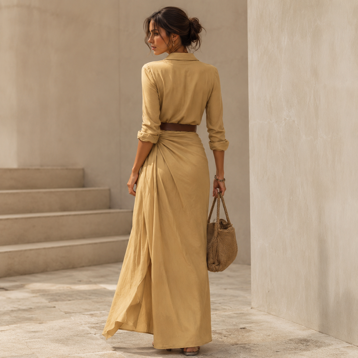 Camille™ | Vestido maxi con solapa y cinturón en la cintura