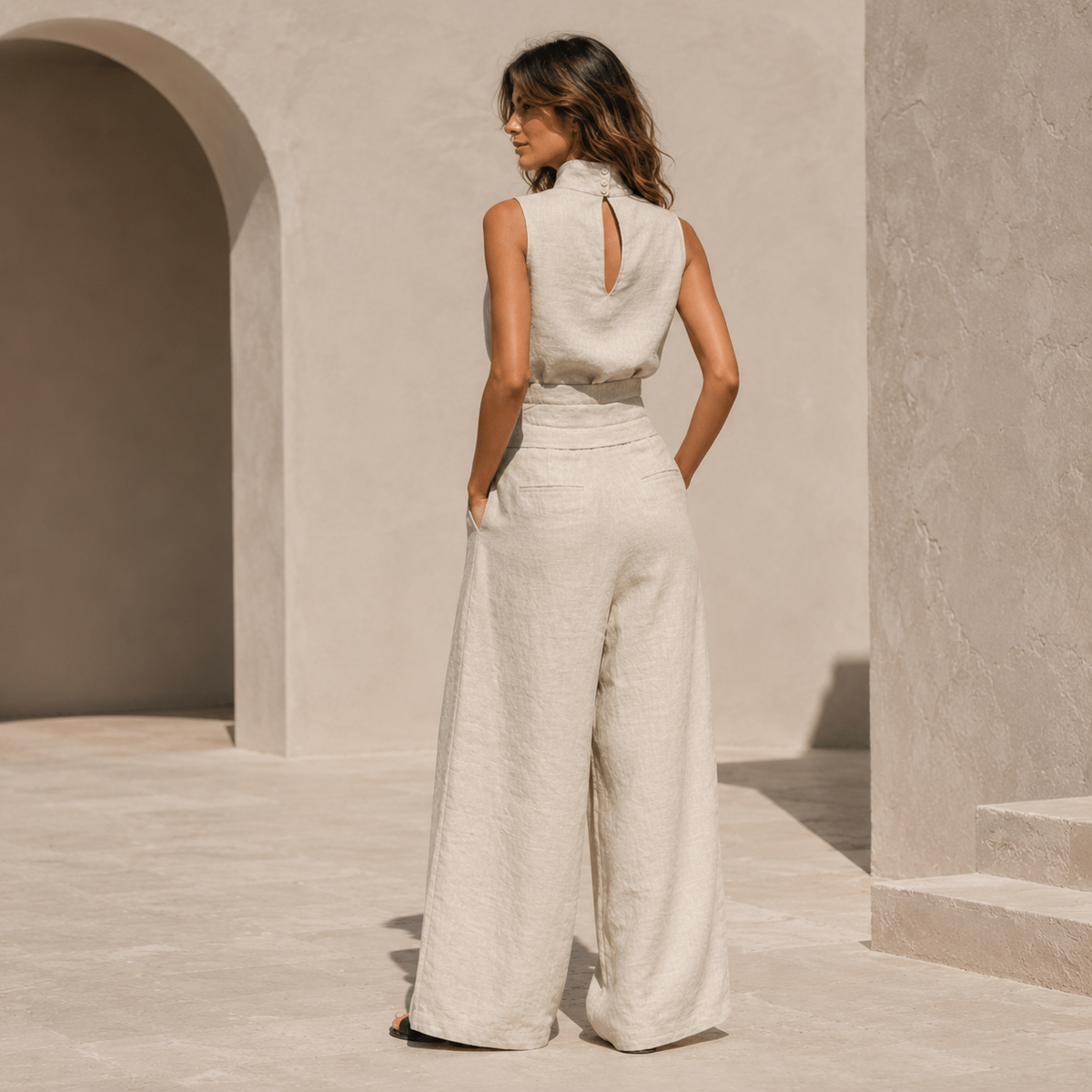 Maria™ | Conjunto de camiseta de tirantes y pantalones anchos de algodón y lino minimalista para mujer
