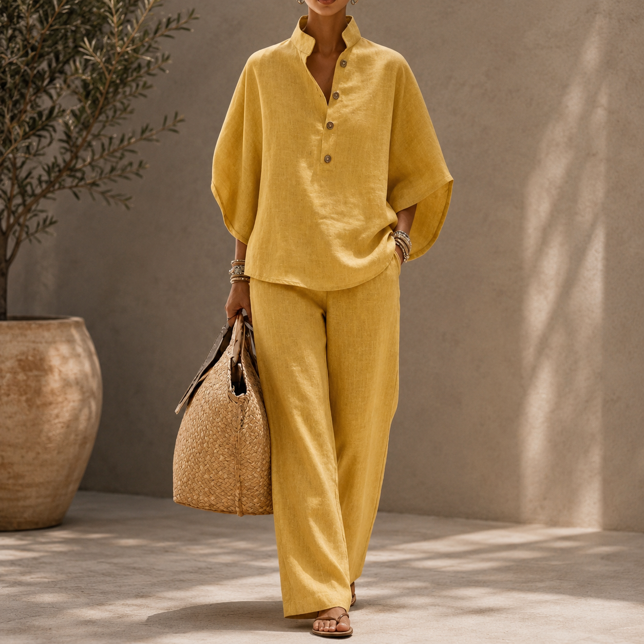 Maribel™ | Conjunto de lino con mangas murciélago y pantalón ancho