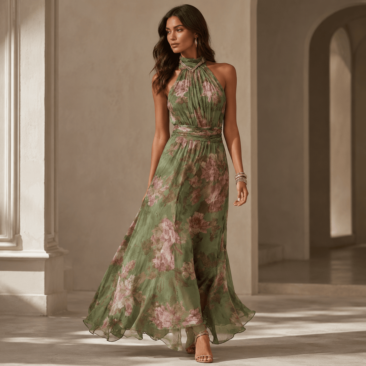 Florine™ | Vestido Maxi Verde con Estampado Floral