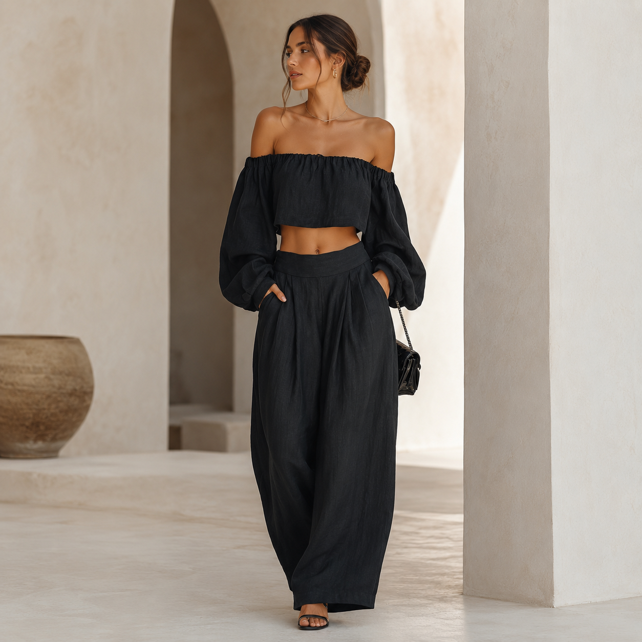 Tess™ | Conjunto de hombros al descubierto con pantalón ancho