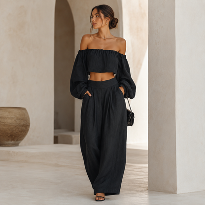 Tess™ | Conjunto de hombros al descubierto con pantalón ancho