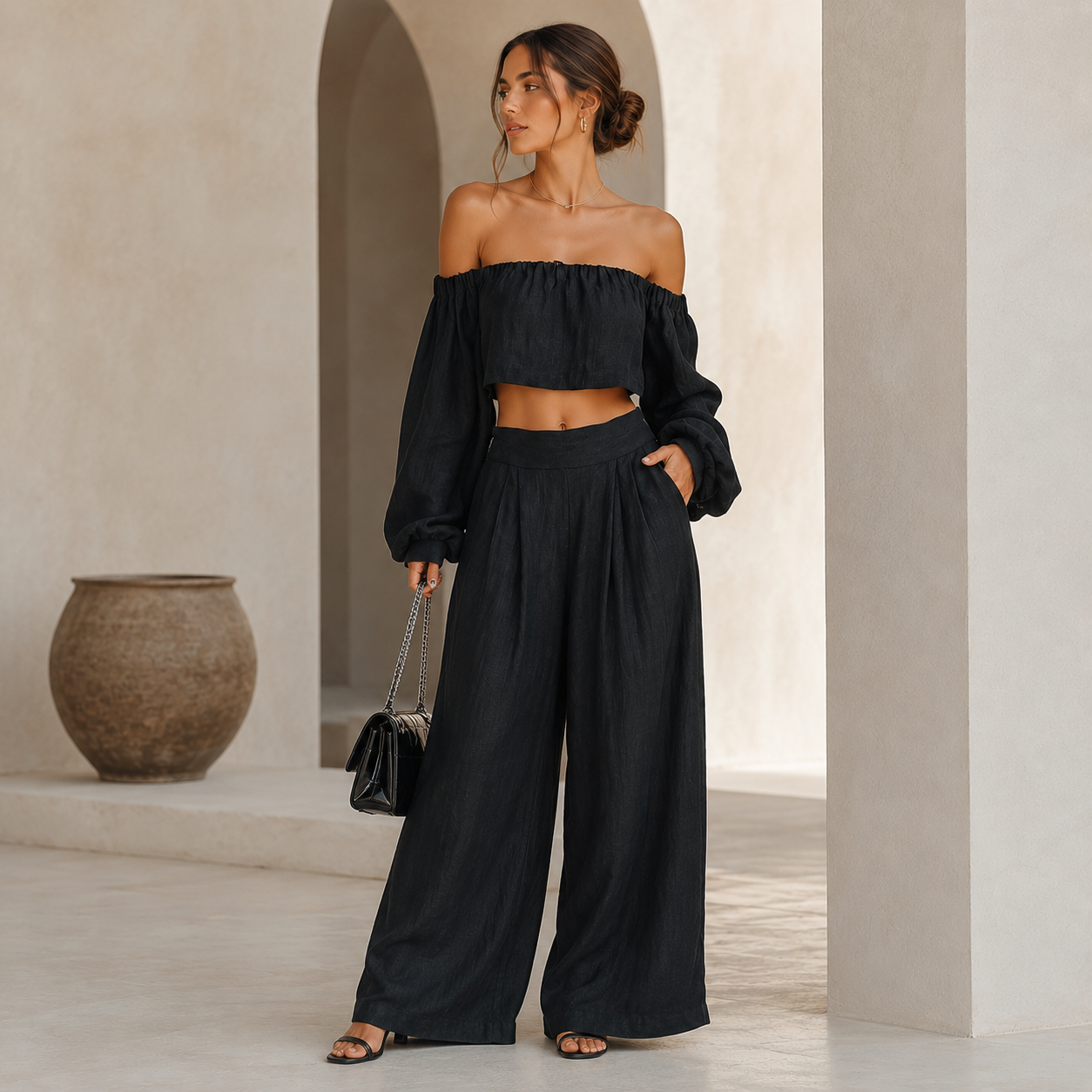 Tess™ | Conjunto de hombros al descubierto con pantalón ancho