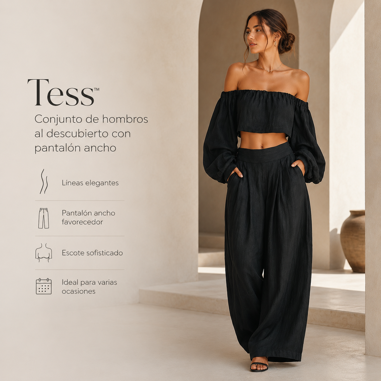 Tess™ | Conjunto de hombros al descubierto con pantalón ancho