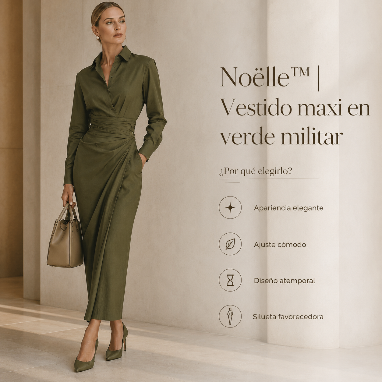 Noëlle™ | Vestido maxi en verde militar