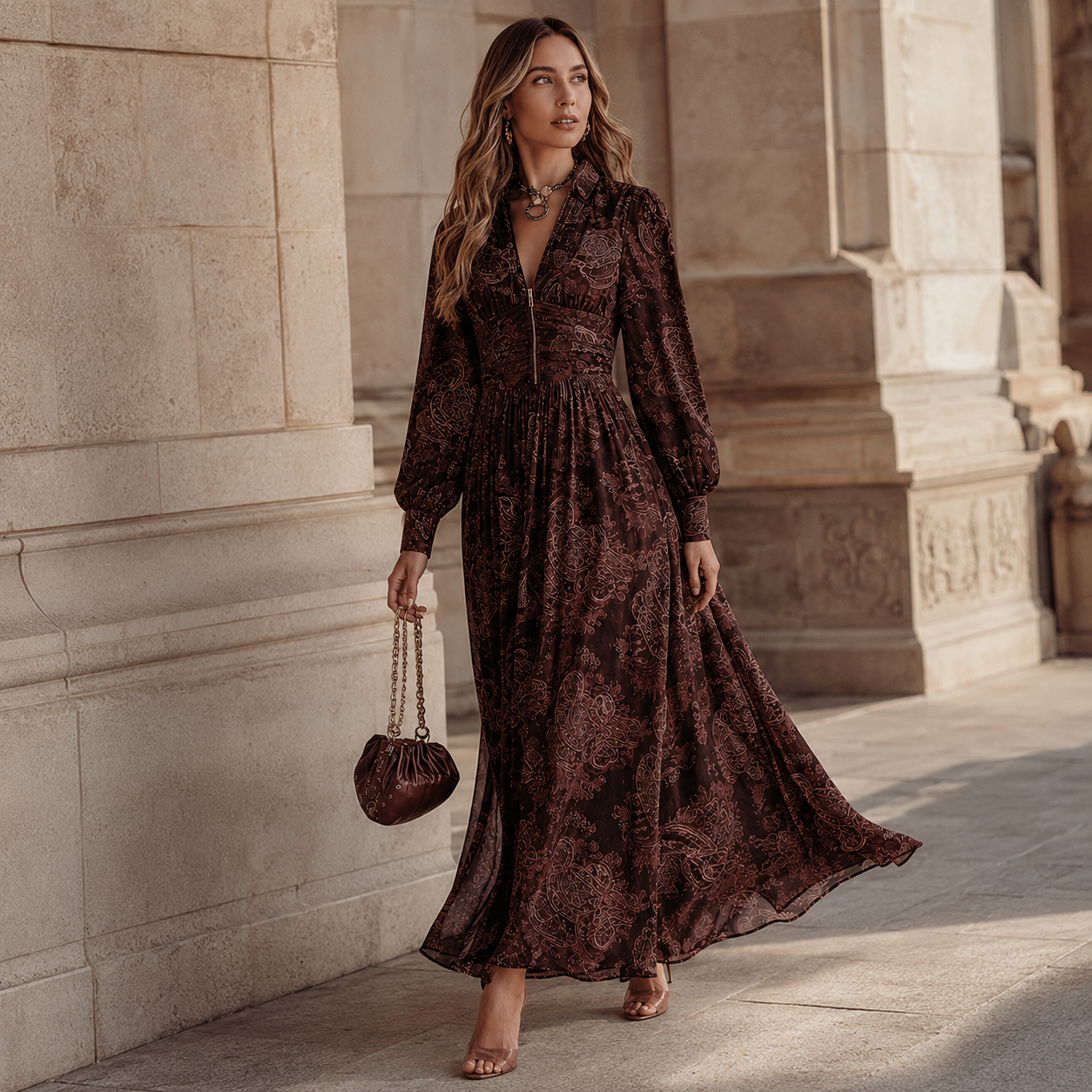 Ariane™ | Vestido maxi con estampado paisley y realce en la cintura
