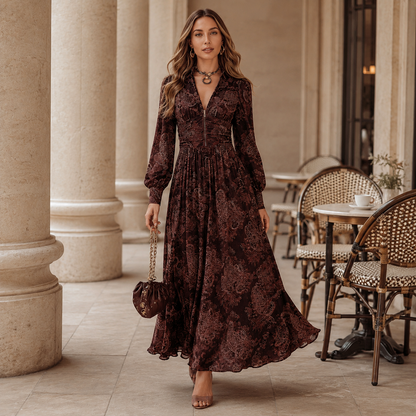 Ariane™ | Vestido maxi con estampado paisley y realce en la cintura