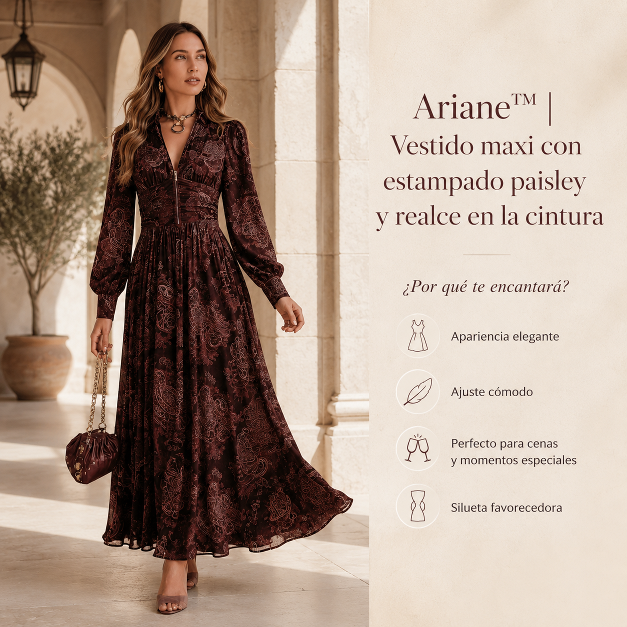 Ariane™ | Vestido maxi con estampado paisley y realce en la cintura