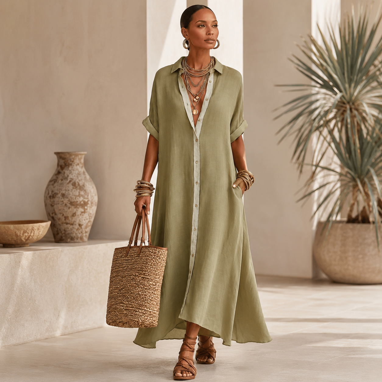 Manelle™ | Vestido maxi verde oliva con línea minimalista