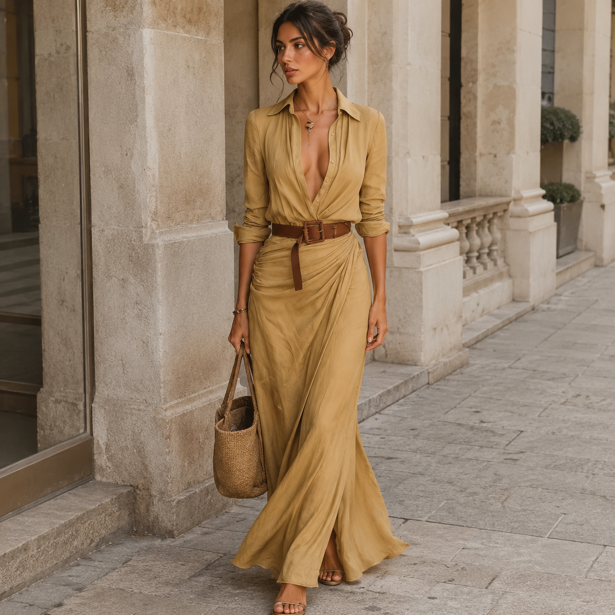 Camille™ | Vestido maxi con solapa y cinturón en la cintura