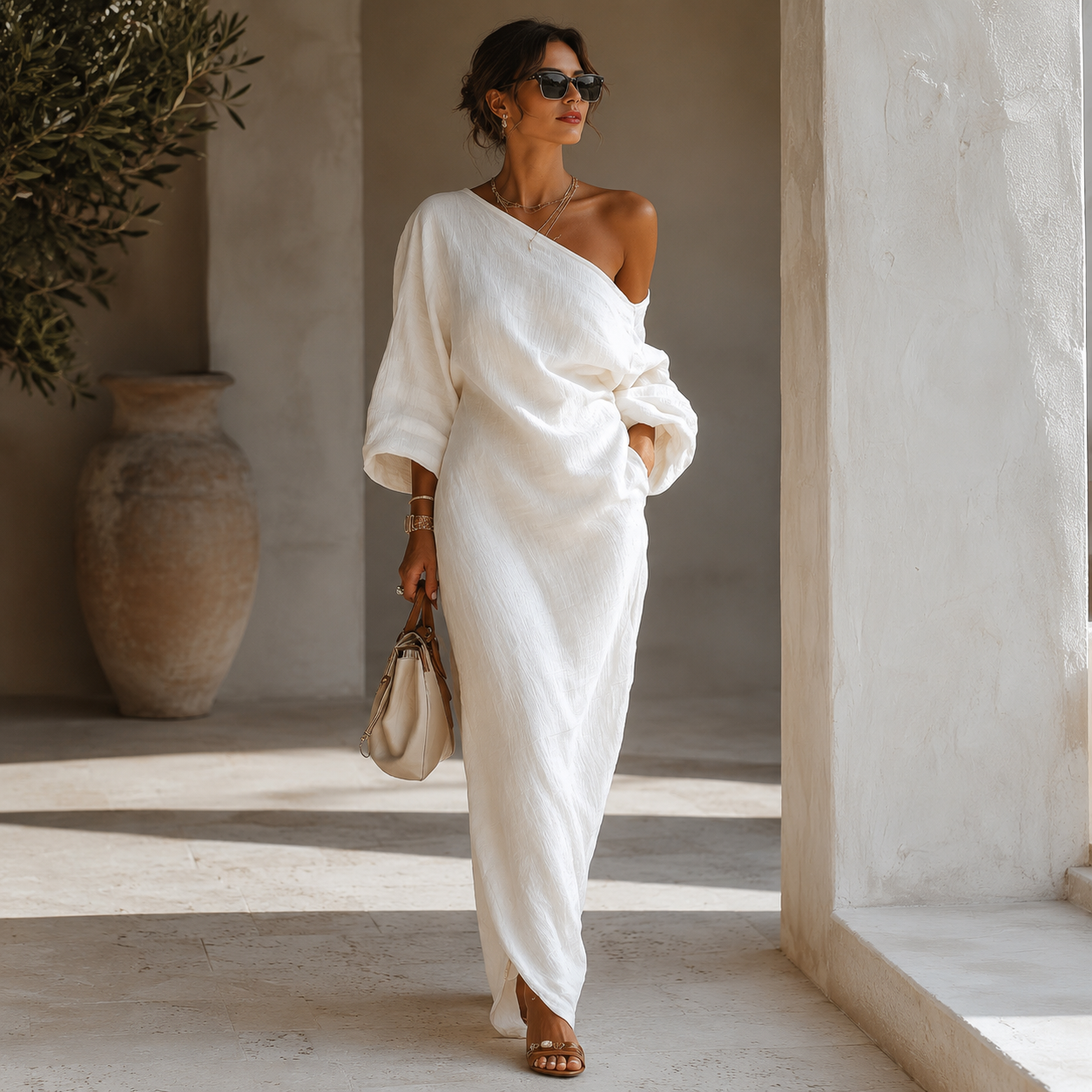 Elise™ | Elegante vestido maxi de un solo hombro en blanco
