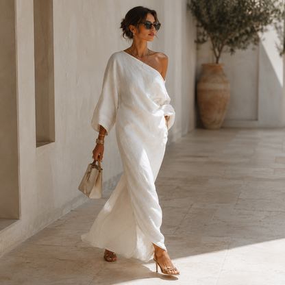 Elise™ | Elegante vestido maxi de un solo hombro en blanco