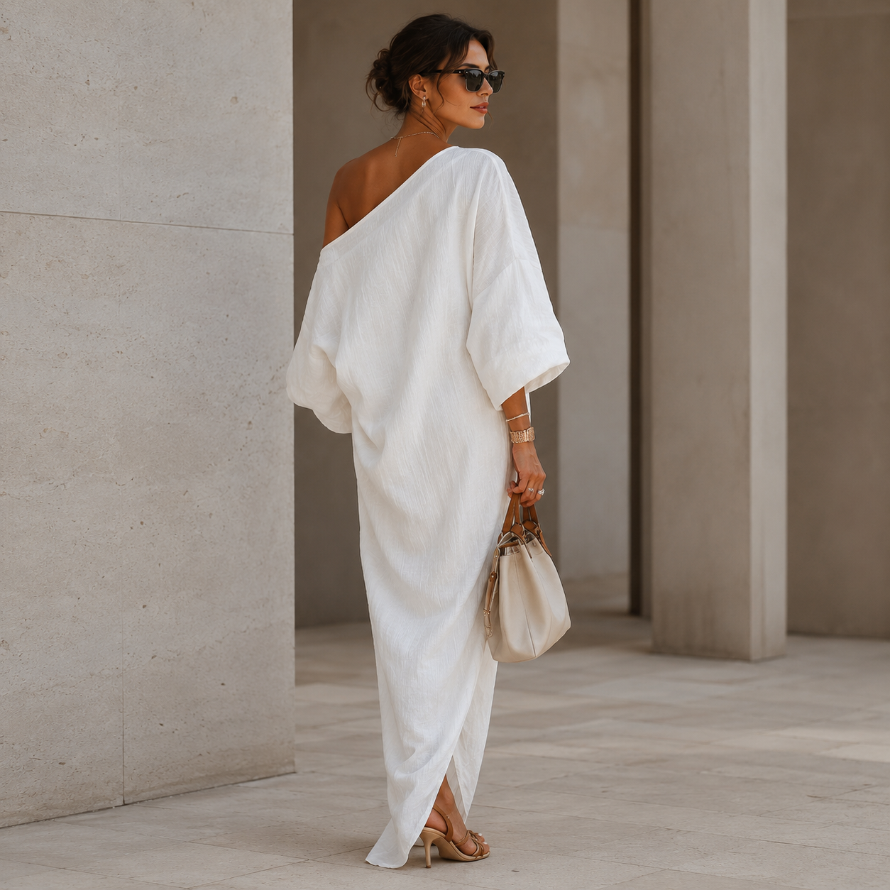 Elise™ | Elegante vestido maxi de un solo hombro en blanco