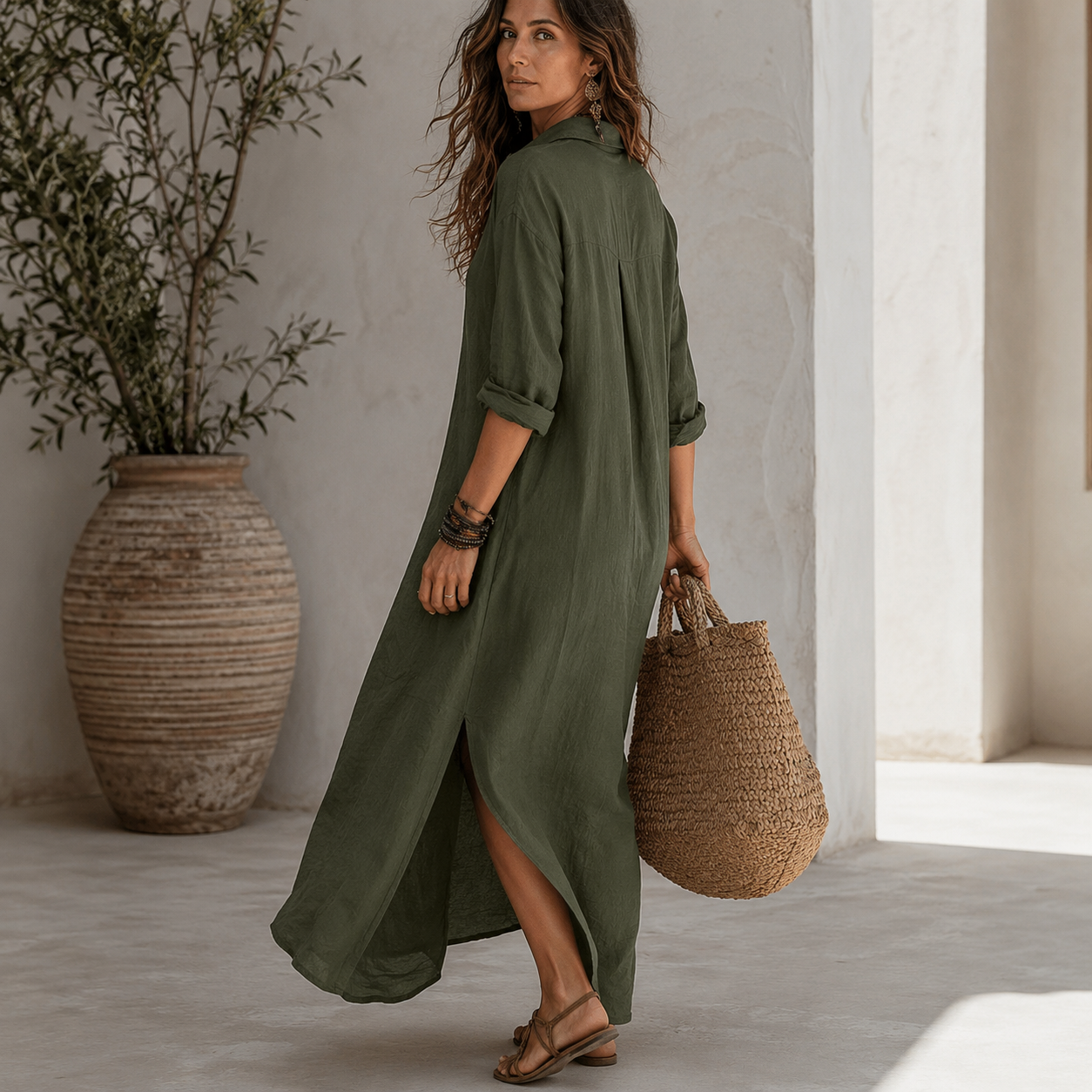 Soline™ | Vestido maxi negro holgado con botones