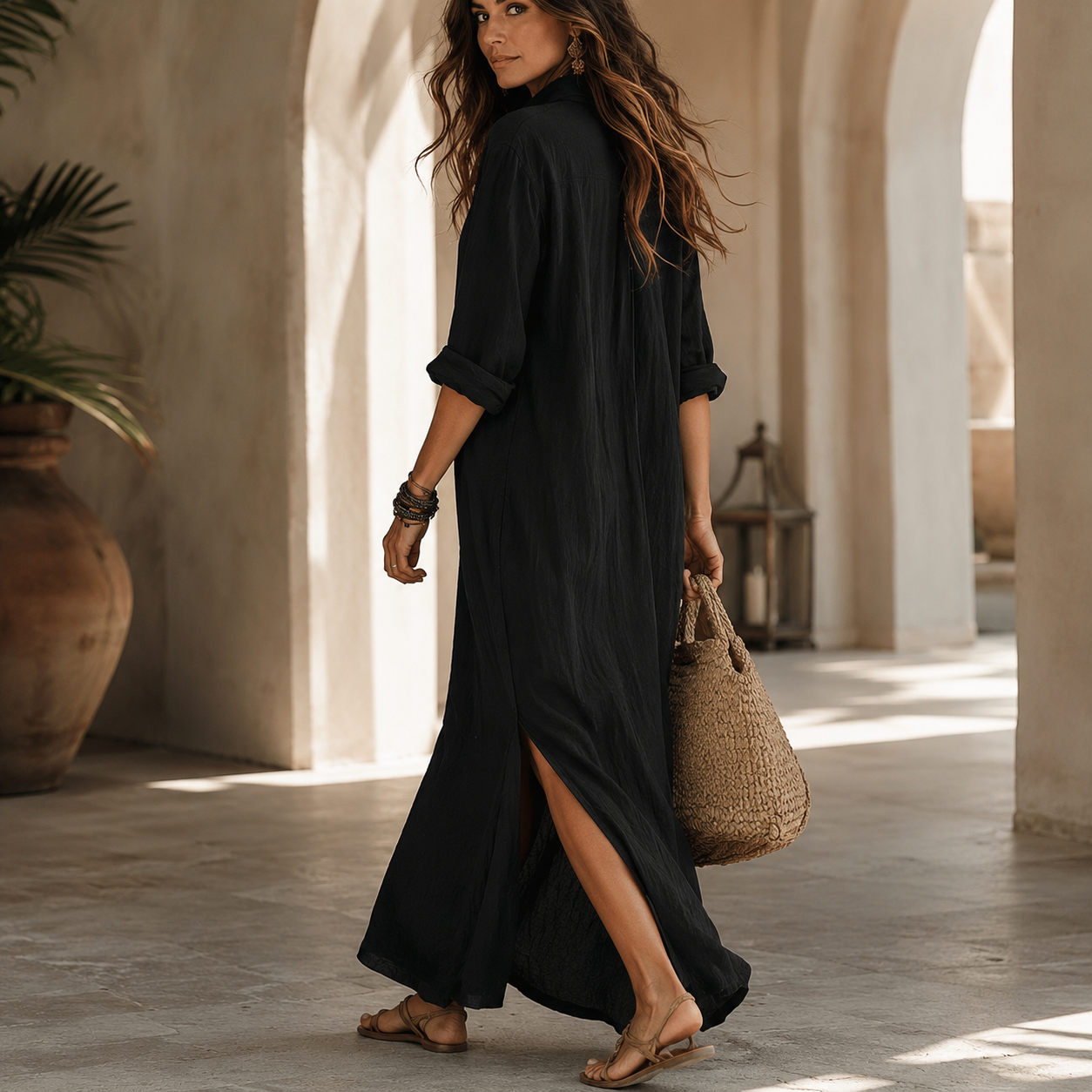 Soline™ | Vestido maxi negro holgado con botones