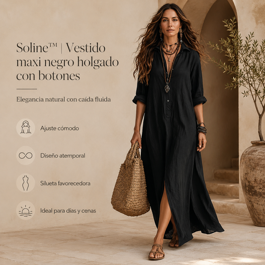 Soline™ | Vestido maxi negro holgado con botones