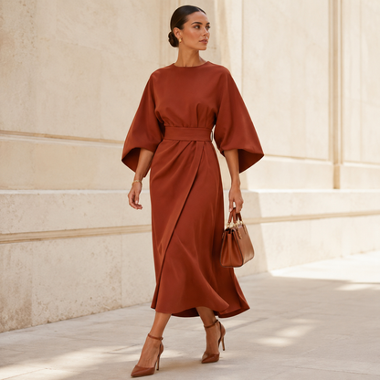Rita - Elegante Vestido Con Mangas Farol y Cinturón