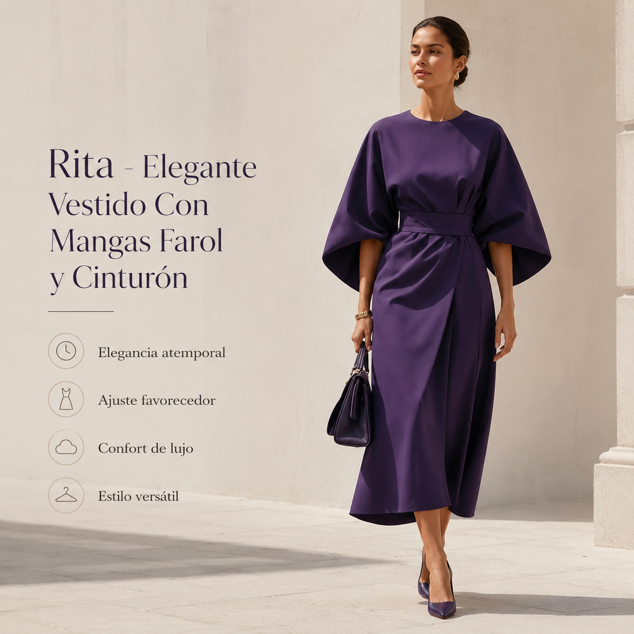 Rita - Elegante Vestido Con Mangas Farol y Cinturón