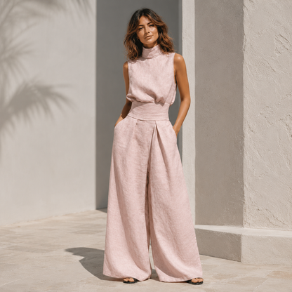 Maria™ | Conjunto de camiseta de tirantes y pantalones anchos de algodón y lino minimalista para mujer