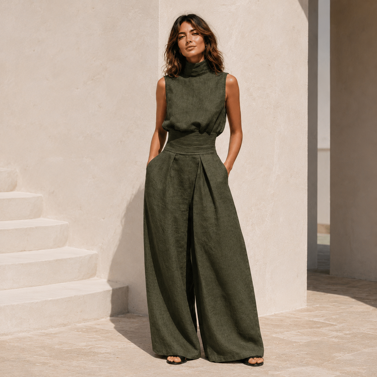 Maria™ | Conjunto de camiseta de tirantes y pantalones anchos de algodón y lino minimalista para mujer