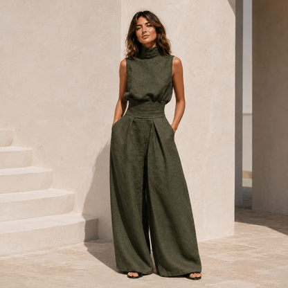 Maria™ | Conjunto de camiseta de tirantes y pantalones anchos de algodón y lino minimalista para mujer