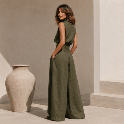 Maria™ | Conjunto de camiseta de tirantes y pantalones anchos de algodón y lino minimalista para mujer