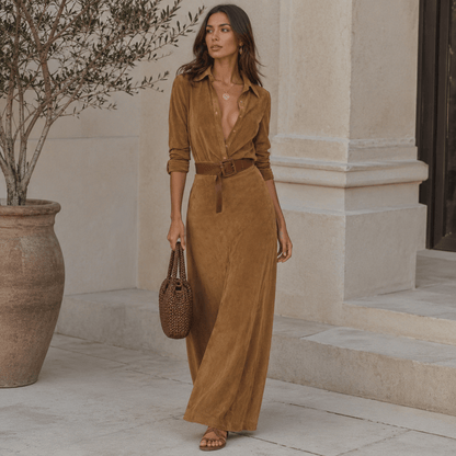 Juline™ | Vestido Maxi de aspecto gamuza con solapa
