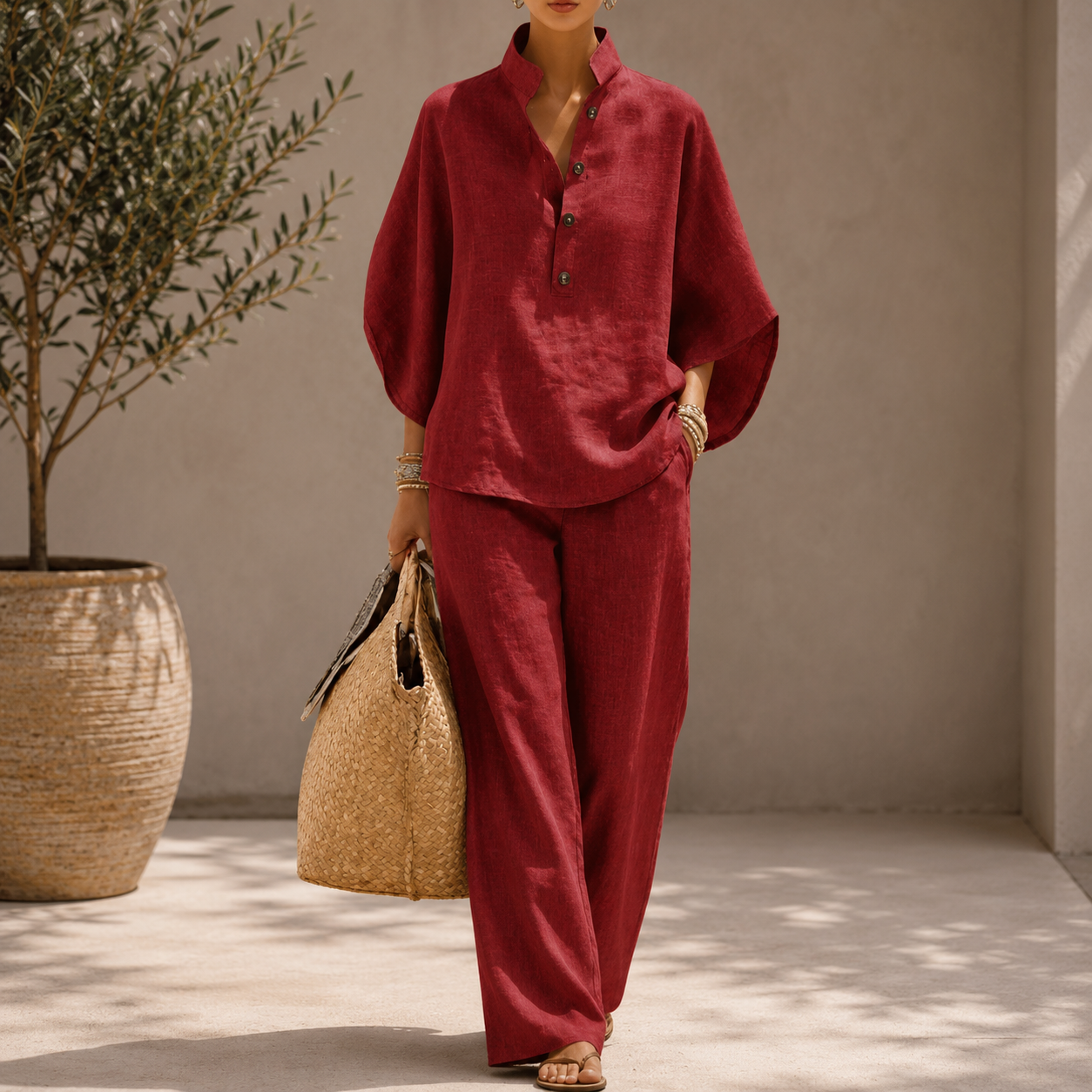 Maribel™ | Conjunto de lino con mangas murciélago y pantalón ancho