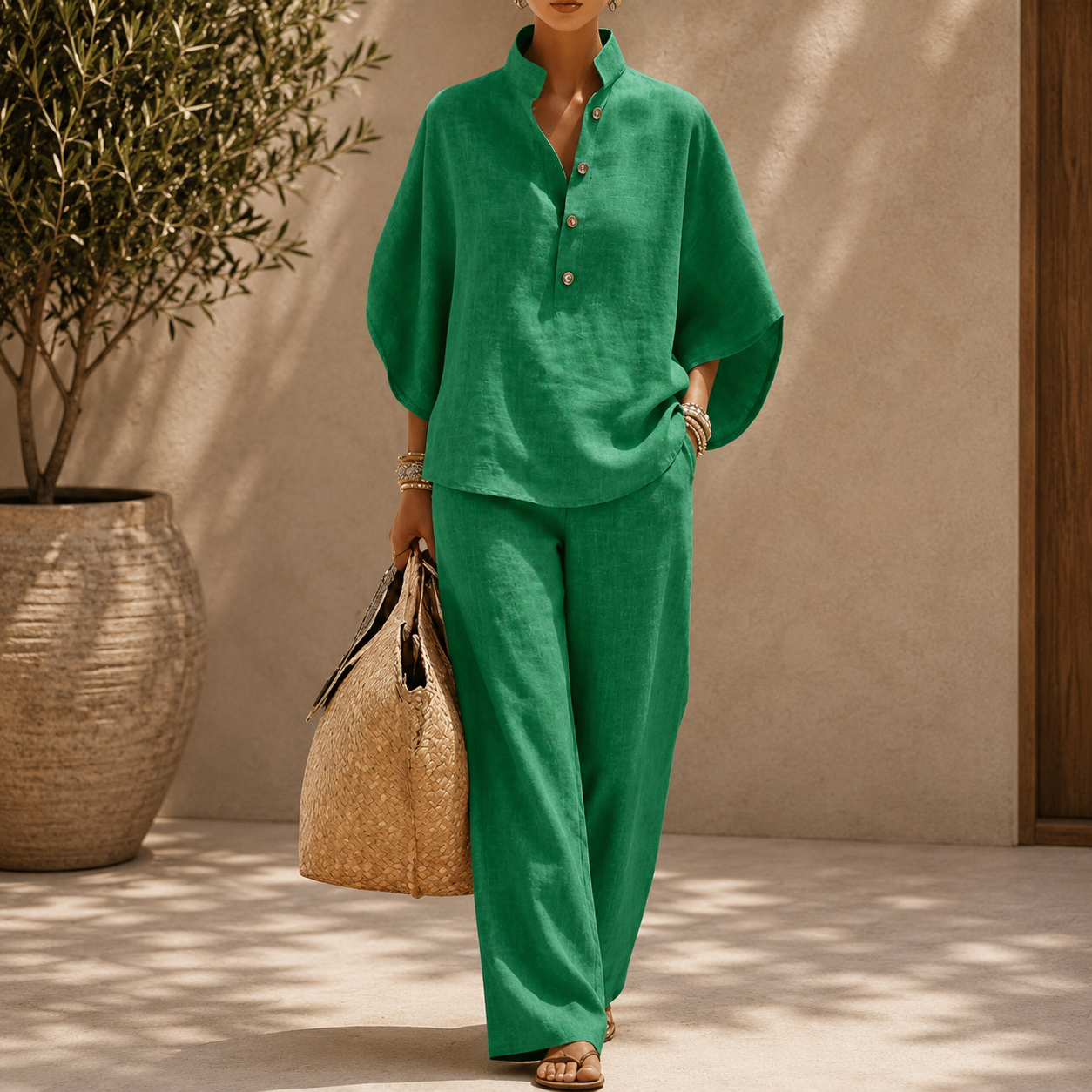 Maribel™ | Conjunto de lino con mangas murciélago y pantalón ancho