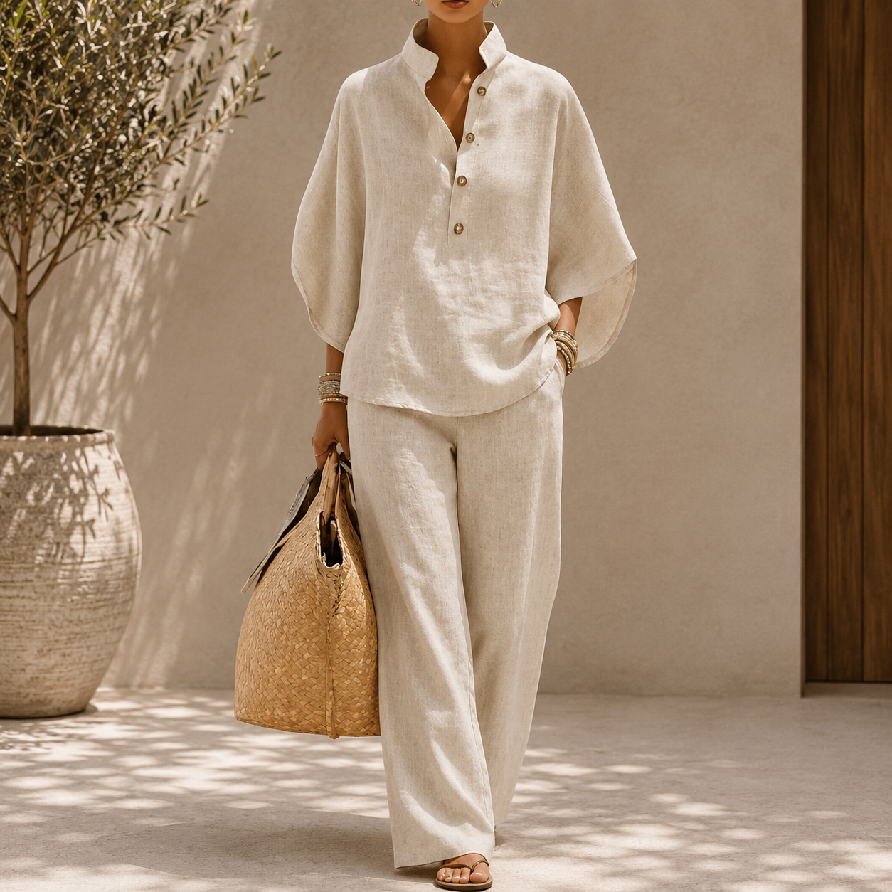 Maribel™ | Conjunto de lino con mangas murciélago y pantalón ancho