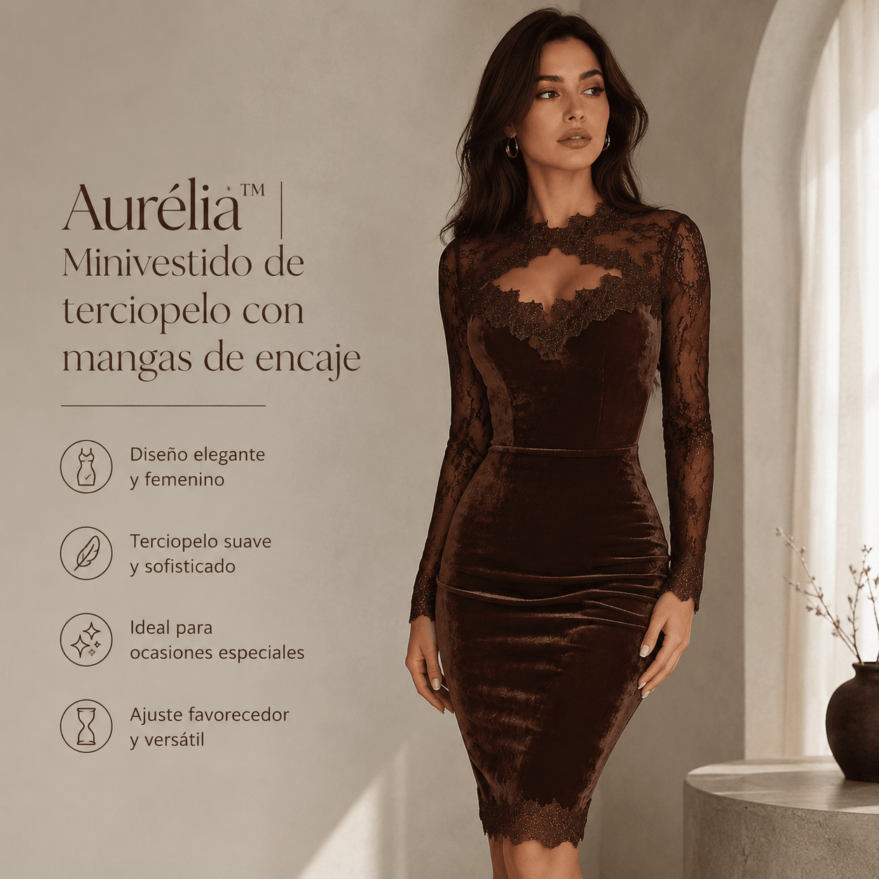 Aurélia™ | Minivestido de terciopelo con mangas de encaje