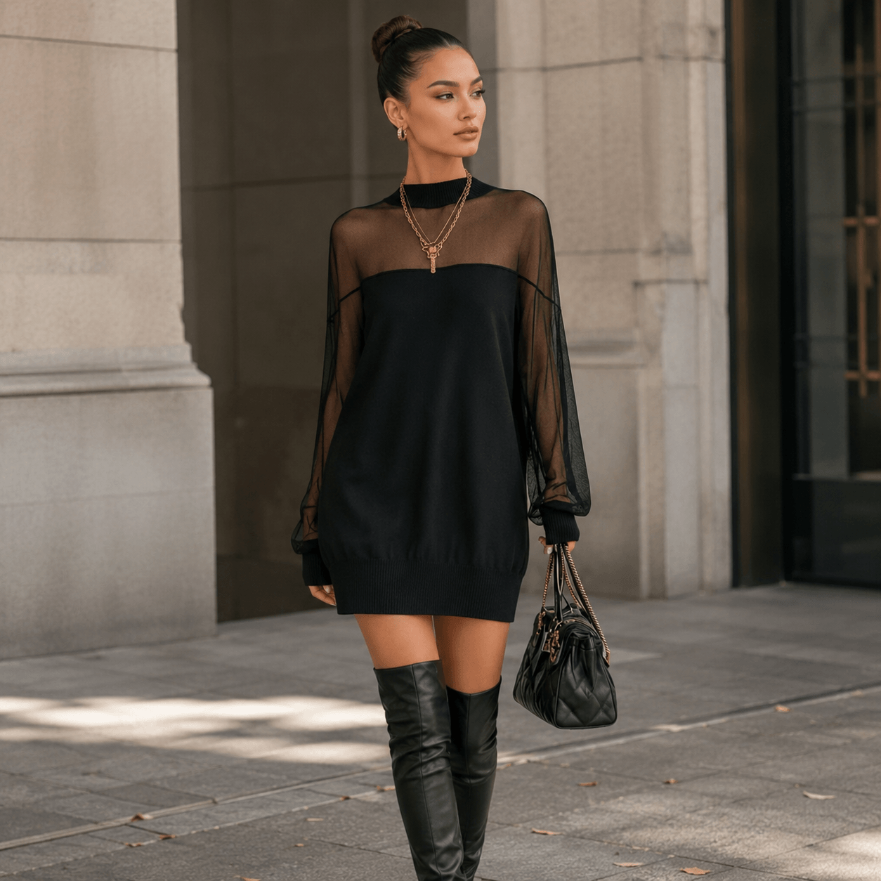 Amélie™ | Elegante Vestido corto negro con mangas de malla