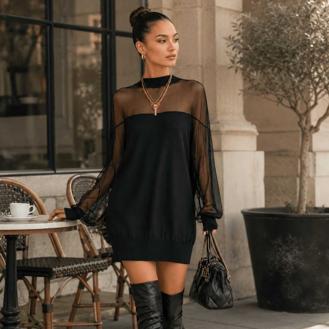 Amélie™ | Elegante Vestido corto negro con mangas de malla
