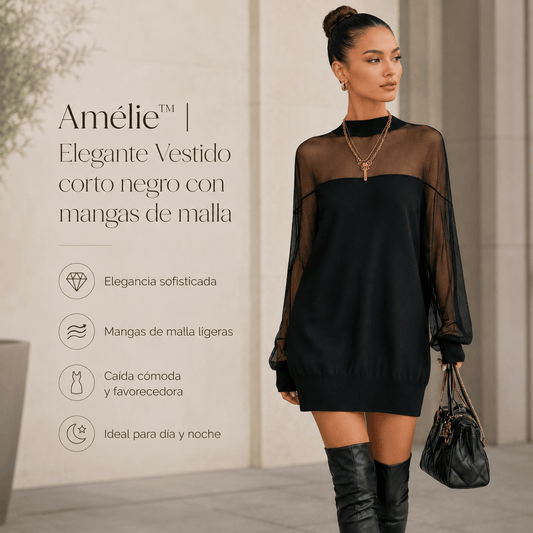 Amélie™ | Elegante Vestido corto negro con mangas de malla