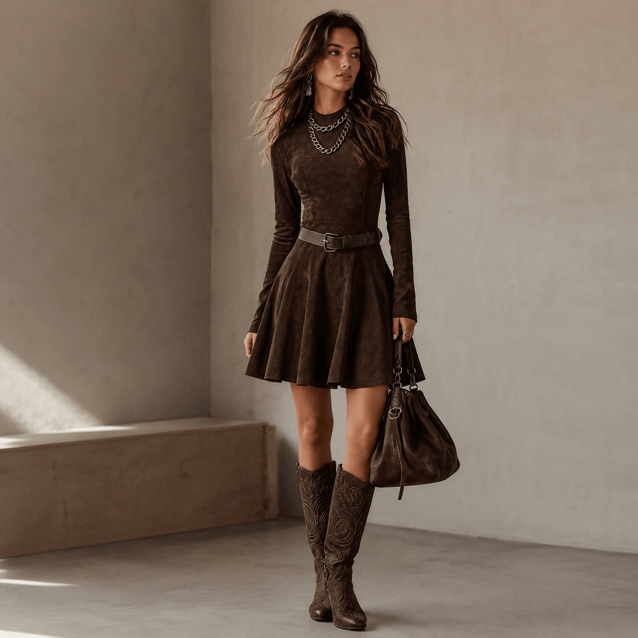 Noémie™ | Vestido mini vintage de gamuza en marrón oscuro