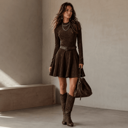 Noémie™ | Vestido mini vintage de gamuza en marrón oscuro