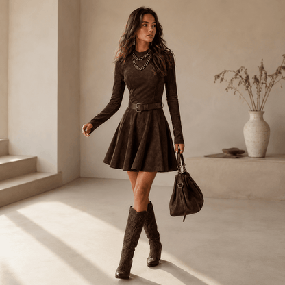 Noémie™ | Vestido mini vintage de gamuza en marrón oscuro