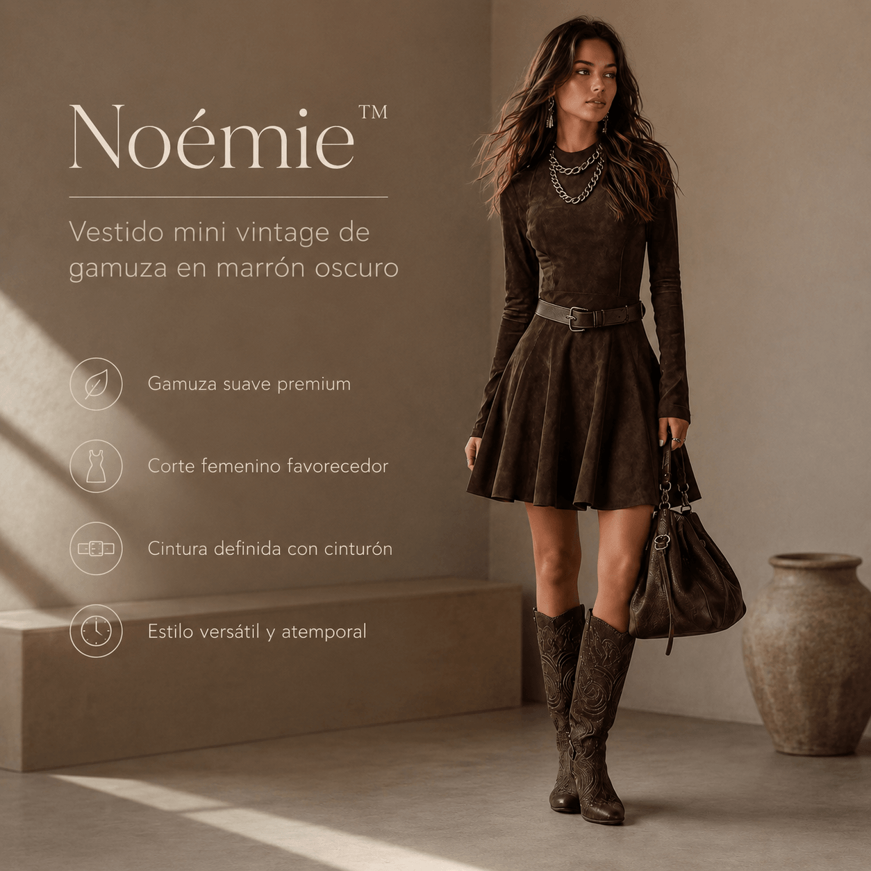 Noémie™ | Vestido mini vintage de gamuza en marrón oscuro