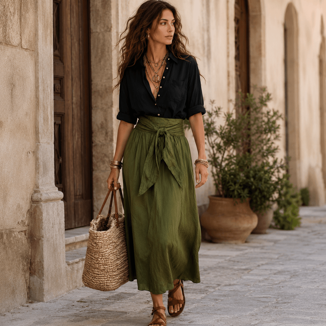 Vera™ | Conjunto de dos piezas: camiseta negra y falda midi verde oliva