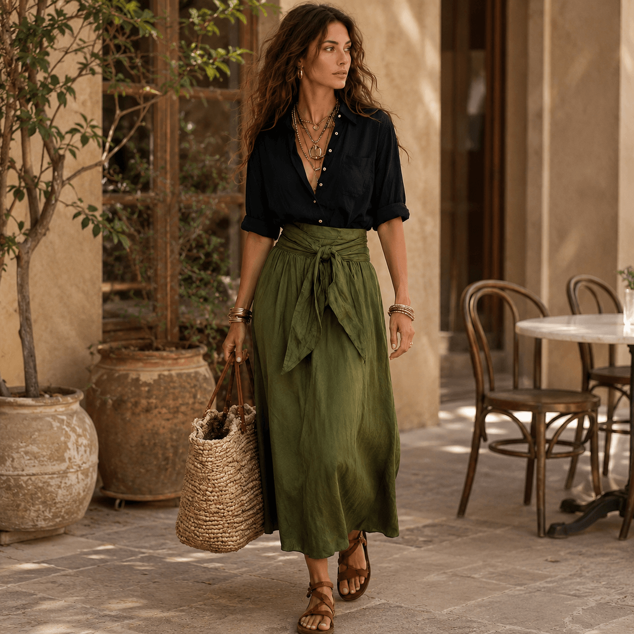 Vera™ | Conjunto de dos piezas: camiseta negra y falda midi verde oliva