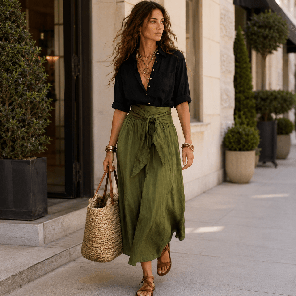 Vera™ | Conjunto de dos piezas: camiseta negra y falda midi verde oliva