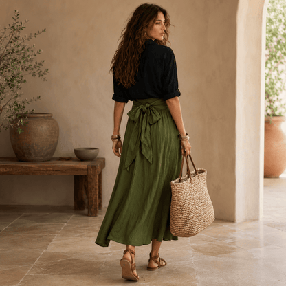 Vera™ | Conjunto de dos piezas: camiseta negra y falda midi verde oliva