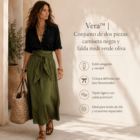 Vera™ | Conjunto de dos piezas: camiseta negra y falda midi verde oliva