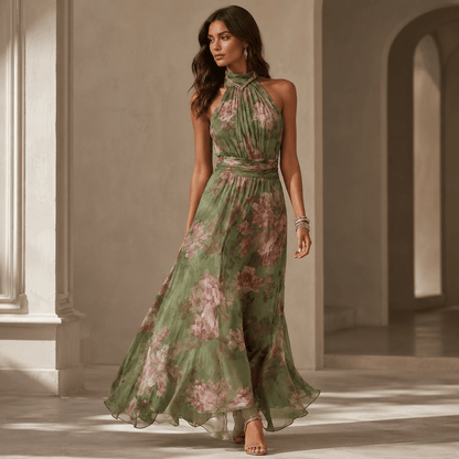 Florine™ | Vestido Maxi Verde con Estampado Floral