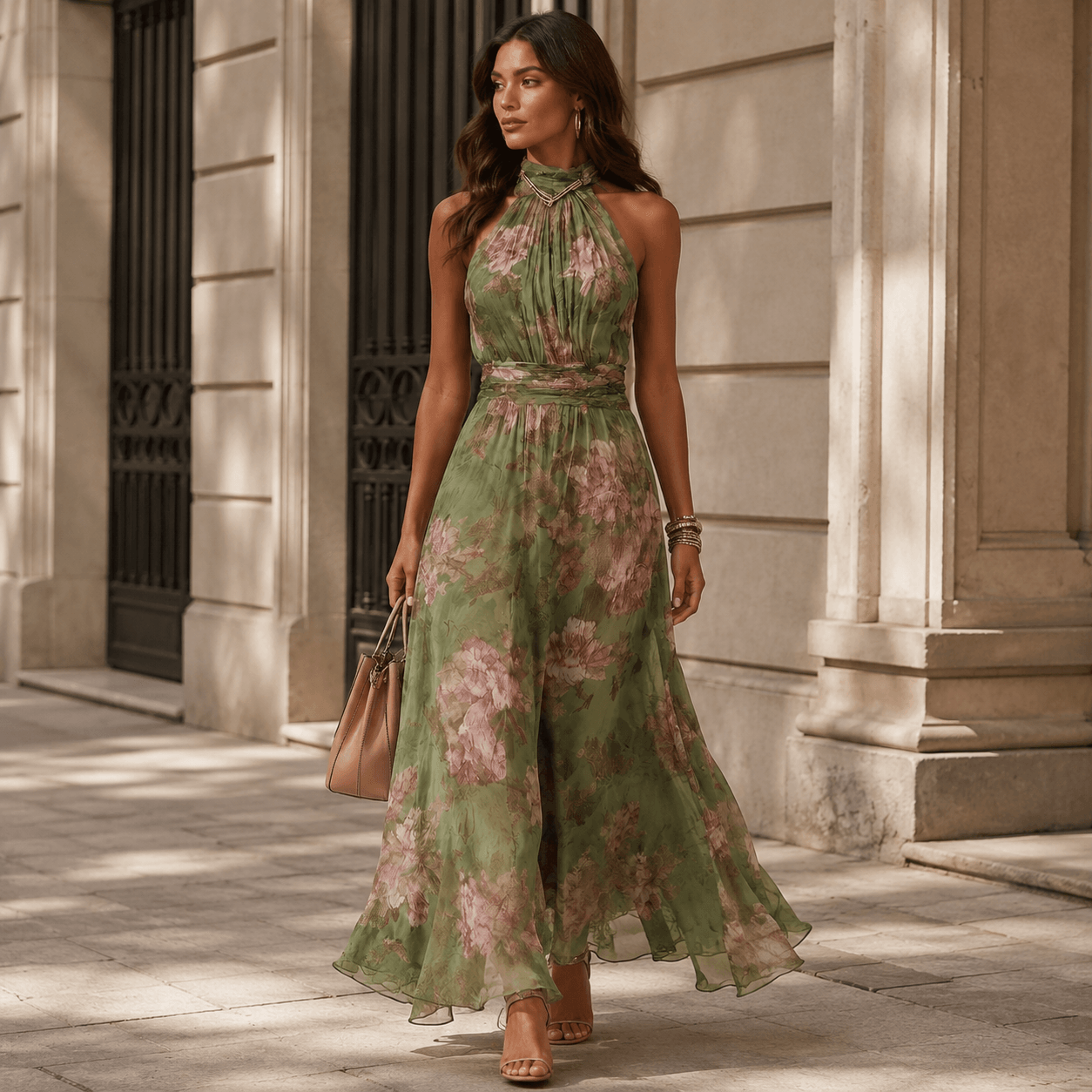 Florine™ | Vestido Maxi Verde con Estampado Floral