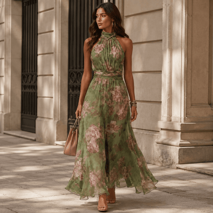 Florine™ | Vestido Maxi Verde con Estampado Floral