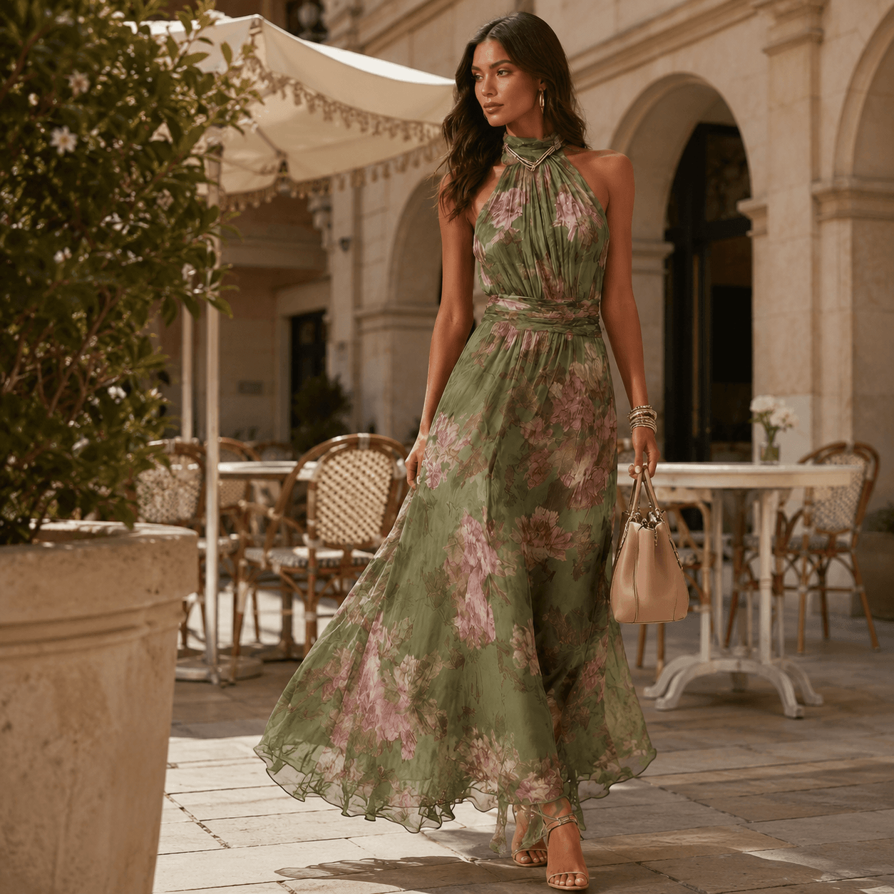 Florine™ | Vestido Maxi Verde con Estampado Floral
