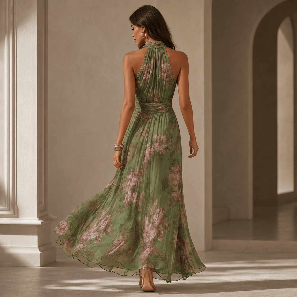 Florine™ | Vestido Maxi Verde con Estampado Floral