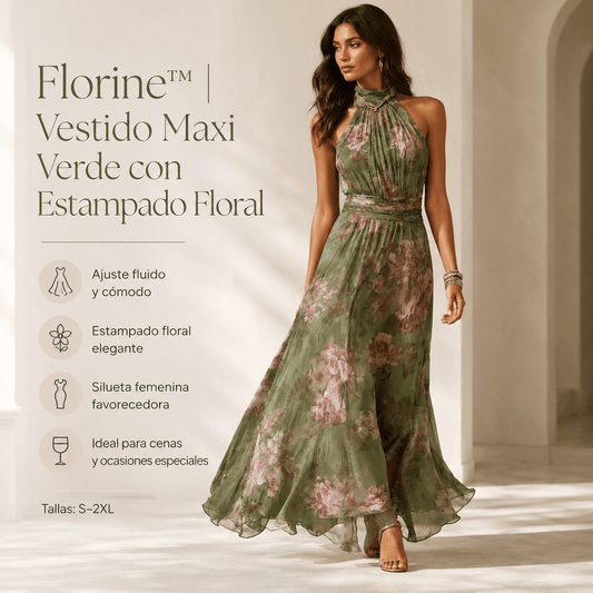 Florine™ | Vestido Maxi Verde con Estampado Floral